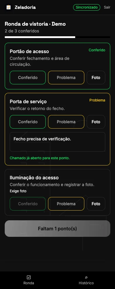 Execução de uma ronda de segurança com pontos conferidos, problema registrado e pendência em cenário fictício
